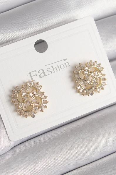 Pirinç Gold Renk Zirkon Taşlı Yonca Model Kadın Küpe - TJ-BKP9792 - 1