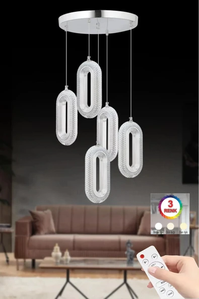 Beta 5'li Gümüş Ledli Modern Kumandalı 3 Renk Led Avize ürün görseli 1