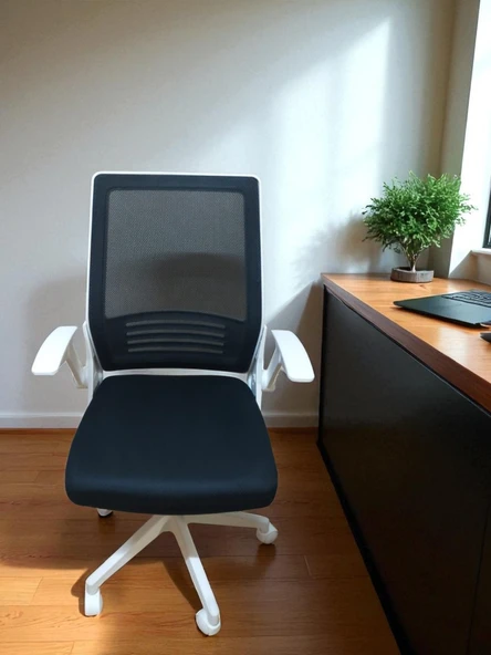 Yağmur Ofis Katlanır Kollu Çalışma Sandalyesi MONTAJLI Ofis ve Bilgisayar Koltuğu Beyaz Kol Siyah Kumaş