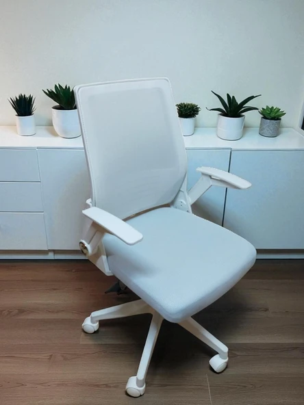 Yağmur Ofis Katlanır Kollu Çalışma Sandalyesi MONTAJLI Ofis ve Bilgisayar Koltuğu Beyaz Kol Beyaz Kumaş - 2