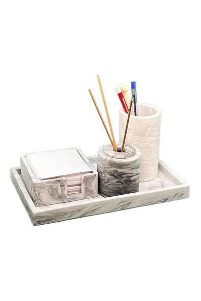 Mermer Desenli 4 Parça Ofis Seti Kalemlik Notluk Kokuluk Tepsi Organizer Set - 2
