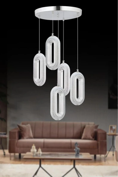 Beta 5'li Gümüş Ledli Modern Kumandalı 3 Renk Led Avize - Resim 2