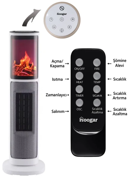 Hoogar German 2075 L White Oben Seri OLED Şömineli Ekran Dijital Kule Tipi Seramik Fanlı Isıtıcı - 3