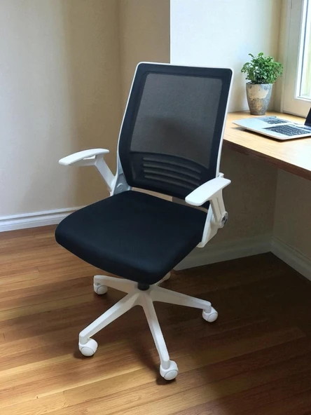 Yağmur Ofis Katlanır Kollu Çalışma Sandalyesi MONTAJLI Ofis ve Bilgisayar Koltuğu Beyaz Kol Siyah Kumaş - 3