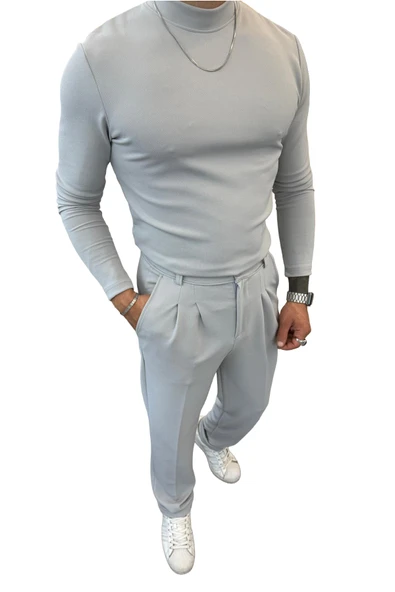 Yarım Balıkçı Pamuk Örme Likralı Esnek Rahat Kumaş Pileli Pantolonlu Takım - 7