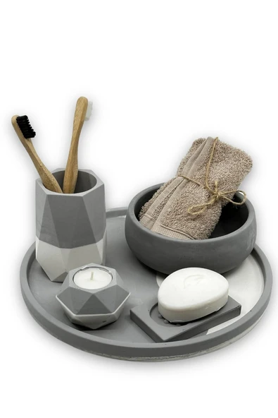 5 Parça Beton Banyo Wc Seti Takımı Sunum Tepsisi Diş Fırçalığı Havluluk Mumluk Katı Sabunluk - 2