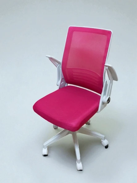 Yağmur Ofis Katlanır Kollu Çalışma Sandalyesi MONTAJLI Ofis ve Bilgisayar Koltuğu Beyaz Kol Fuşya Kumaş - 2