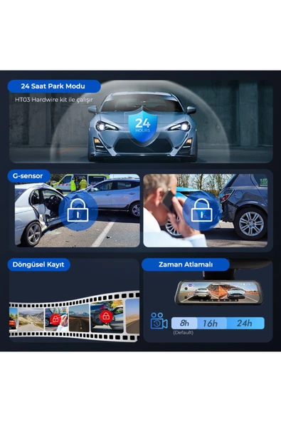 Azdome AR09 4K 2 Kanallı 9.6" Ekran Tam Ayna Dokunmatik Araç Kamerası - 3