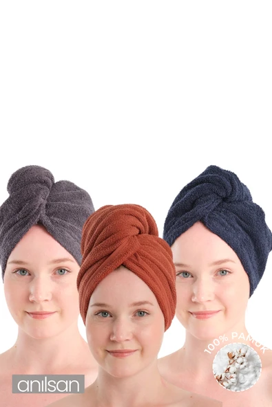 %100 Pamuk Antrasit-Kiremit-Lacivert Havlu Bone Saç Kurutma Bonesi Kafa Havlusu Duş Banyo Bonesi Islak Saç Kur