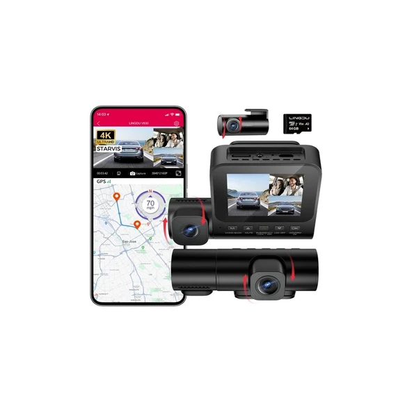 Lingdu V630 4K 3 Kameralı (Ön, Arka, Kabin) Akıllı Araç Kamerası