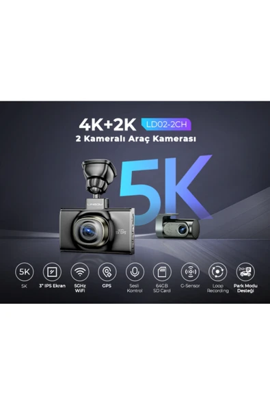 Lingdu LD02 5K 3 inç Ekran 150° 2 Kameralı 64GB Araç İçi Kamera (Türkiye'de ilk 5K Kamera) - 4