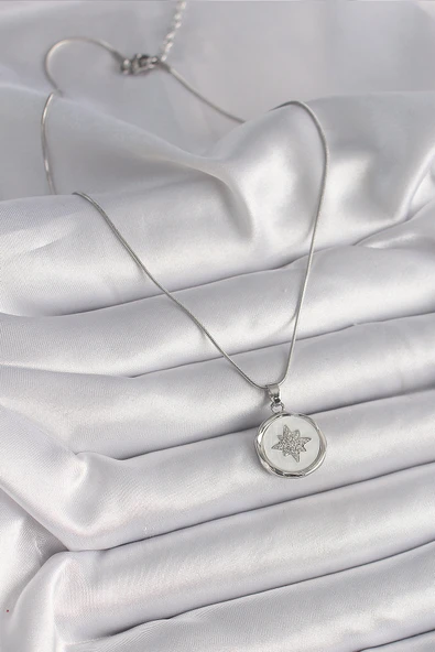 316L Çelik Gümüş Renk Zincir Beyaz Sedefli Zirkon Taşlı Yıldız İşleme Model Kadın Kolye - TJ-BKO9635 - Resim 2