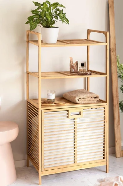 Digithome Bambu XL Kirli Sepetli 3 Raflı Çok Amaçlı Banyo Düzenleyici Çamaşır Sepeti Organizer DB-0011