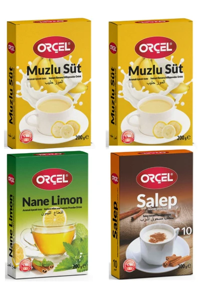 ORÇEL 2 Muzlu Süt + 1 Salep + 1 Nane Limon Aromalı Içecek Tozu Oralet Çay 4x200gr.