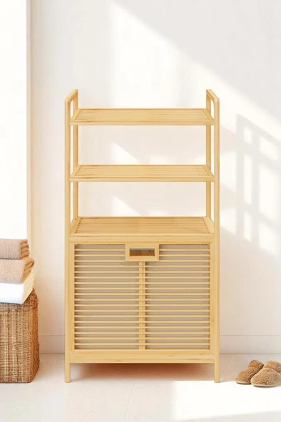 Digithome Bambu XL Kirli Sepetli 3 Raflı Çok Amaçlı Banyo Düzenleyici Çamaşır Sepeti Organizer DB-0011 - 4