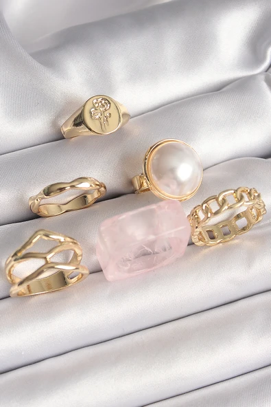 Pirinç Gold Renk Daire 3D İncili Figür Zincir Model Gül İşleme Detaylı 6'Lı Kadın Yüzük Seti - TJ-BYK3625 ürün görseli 1