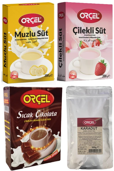 ORÇEL Sıcak Çikolata +Çilekli Süt +Muzlu Süt +Karadut Aromalı içecek Tozu Oralet 4 Adet - 1