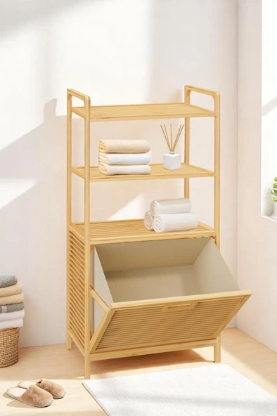 Digithome Bambu XL Kirli Sepetli 3 Raflı Çok Amaçlı Banyo Düzenleyici Çamaşır Sepeti Organizer DB-0011 - 3