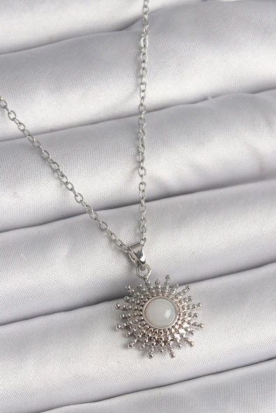 316L Çelik Gümüş Renk Zincir Beyaz Mineli Güneş Model Kadın Kolye - TJ-BKO9719 ürün görseli