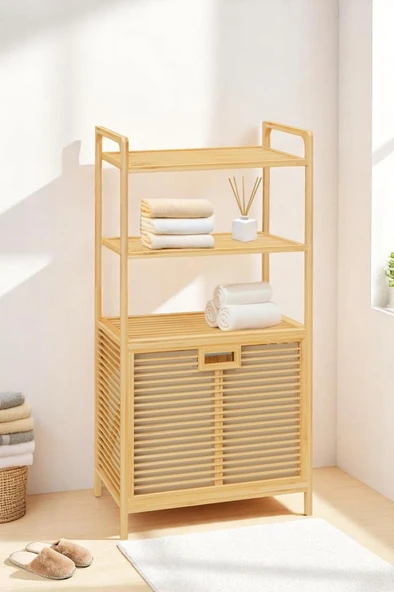 Digithome Bambu XL Kirli Sepetli 3 Raflı Çok Amaçlı Banyo Düzenleyici Çamaşır Sepeti Organizer DB-0011 - 2