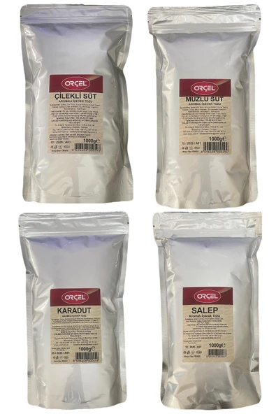 ORÇEL Çilekli Süt +Muzlu Süt +Salep+Karadut Aromalı içecek Tozu Oralet Çay 4x1 kg