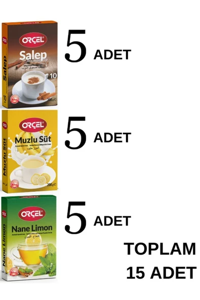 ORÇEL 5 Muzlu Süt + 5 Salep + 5 Nane Limon Aromalı Içecek Tozu Oralet Çay 15x200gr.