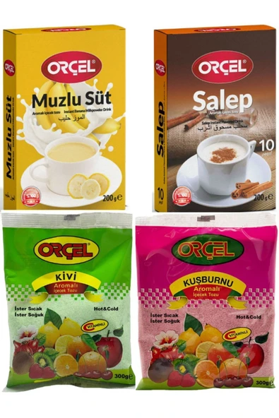 ORÇEL Salep 200gr. + Muzlu Süt 200gr. + Kivi 300gr. + Kuşburnu 300gr. Aromalı Içecek Tozu Oralet Çay