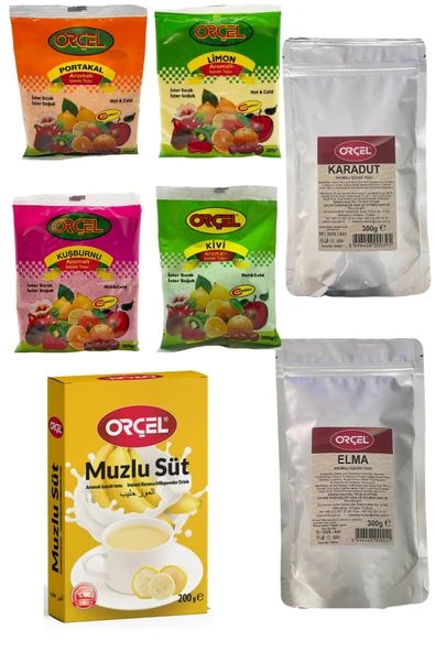 ORÇEL Portakal +Muzlu Süt +Karadut +Elma + Kivi +Limon +Kuşburnu Aromalı İçecek Tozu Oralet 7 Adet