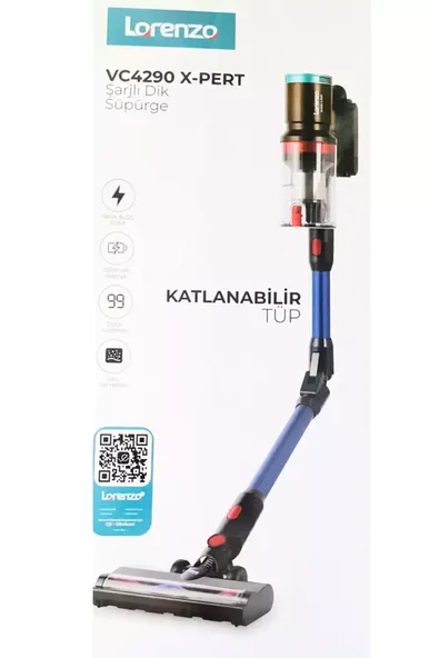 LORENZO VC4290 X-PERT Kablosuz Şarjlı Dik Süpürge 380W - Katlanabnilir Tüp Boru - Özel Tasarım Şarj Stand