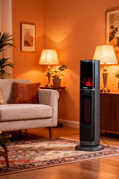 Hoogar German 2075 L Grey Oben Seri OLED Şömineli Ekran Dijital Kule Tipi Seramik Fanlı Isıtıcı - Resim 2