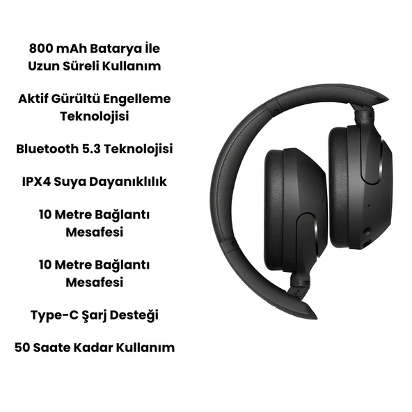 Kablosuz Bluetooth 5.3 Kulak Üstü Kulaklık  Aktif Gürültü Engelleme, Ekstra Bass, 50 Saat Pil Ömrü, Mikrofonlu - 3