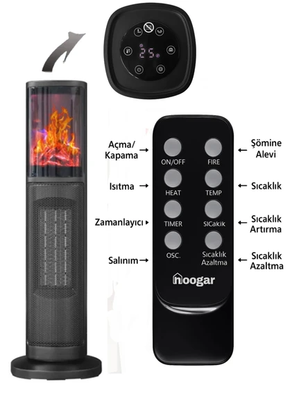 Hoogar German 2075 L Grey Oben Seri OLED Şömineli Ekran Dijital Kule Tipi Seramik Fanlı Isıtıcı - Resim 7