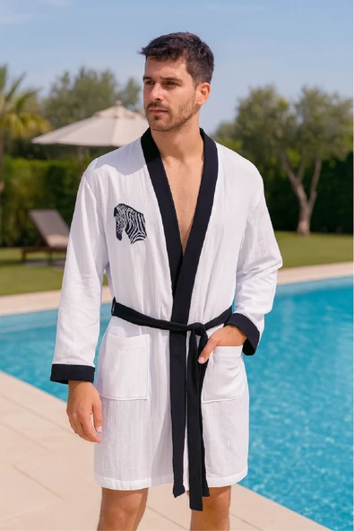 Baskılı Müslin Kimono Bornoz – Unisex | %100 Pamuk Yumuşacık 2 Katlı Doğal Kumaş - ZTMBB10  Cheria Gri L/XL - 8