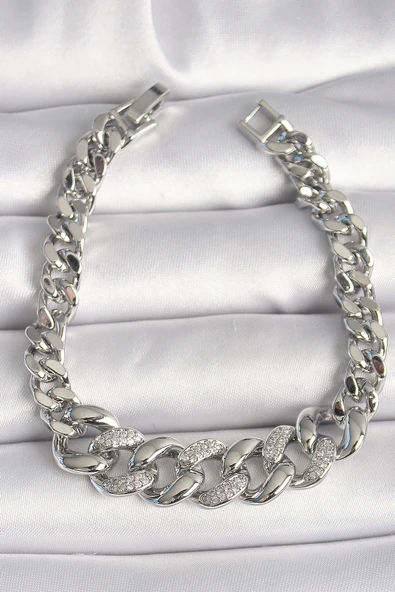 Pirinç Gümüş Renk Zirkon Taşlı Kalın Halka Model Kadın Bileklik - TJ-BB6854 ürün görseli 1