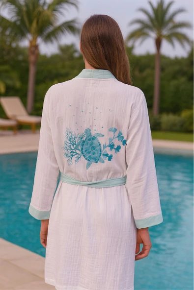 Baskılı Müslin Kimono Bornoz – Unisex | %100 Pamuk Yumuşacık 2 Katlı Doğal Kumaş - ZTMBB10 Lina L/XL - 2