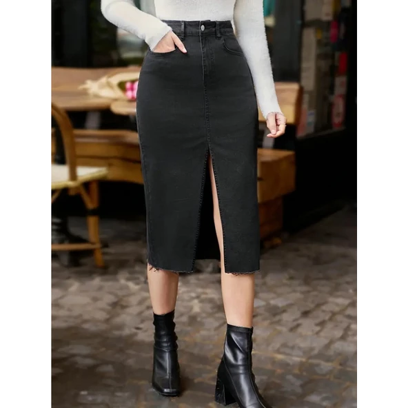 Lucky Life Kadın Yüksek Bel önden Yırtmaçlı Cepli Midi Kot Etek - 3