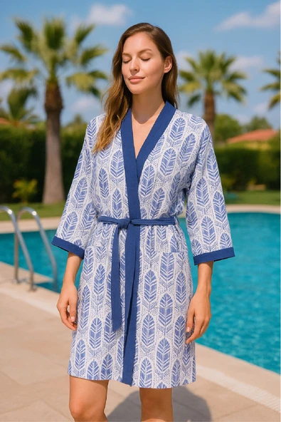 Baskılı Müslin Kimono Bornoz – Unisex | %100 Pamuk Yumuşacık 2 Katlı Doğal Kumaş - ZTMBB10 Emelie S/M