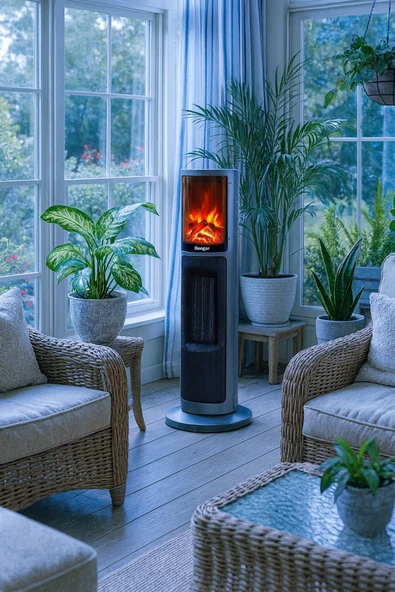 Hoogar German 2075 L Grey Oben Seri OLED Şömineli Ekran Dijital Kule Tipi Seramik Fanlı Isıtıcı - Resim 5