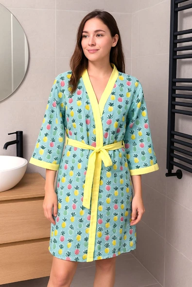 Baskılı Müslin Kimono Bornoz – Unisex | %100 Pamuk Yumuşacık 2 Katlı Doğal Kumaş - ZTMBB10  Cheria Gri L/XL - 5