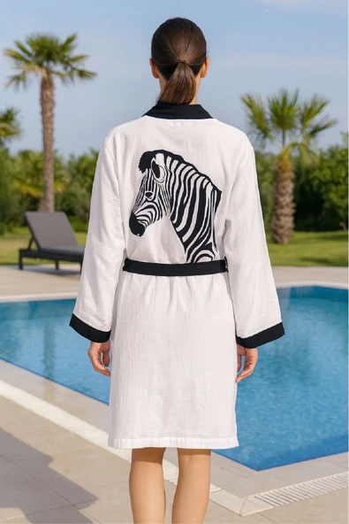 Baskılı Müslin Kimono Bornoz – Unisex | %100 Pamuk Yumuşacık 2 Katlı Doğal Kumaş - ZTMBB10 Lina L/XL - 8