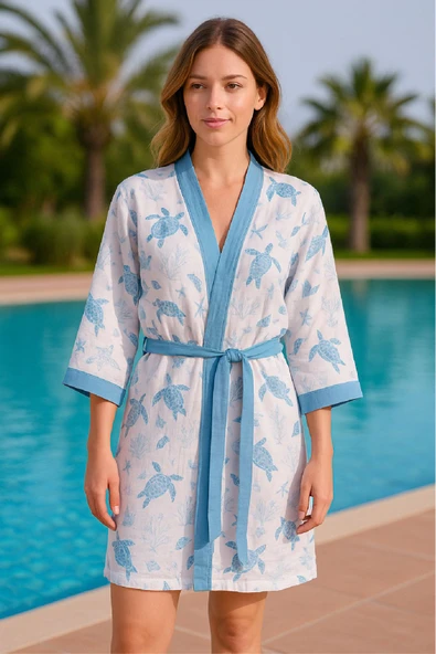 Baskılı Müslin Kimono Bornoz – Unisex | %100 Pamuk Yumuşacık 2 Katlı Doğal Kumaş - ZTMBB10  Anceli L/XL - 11