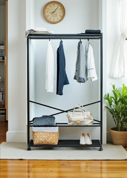 SİYAH METAL ELBİSE ASKILIĞI İKİ YÖNLÜ 3 RAFLI TEKERLEKLİ ASKILIK PORTMANTO VE KONFEKSİYON ASKILIĞI - 3