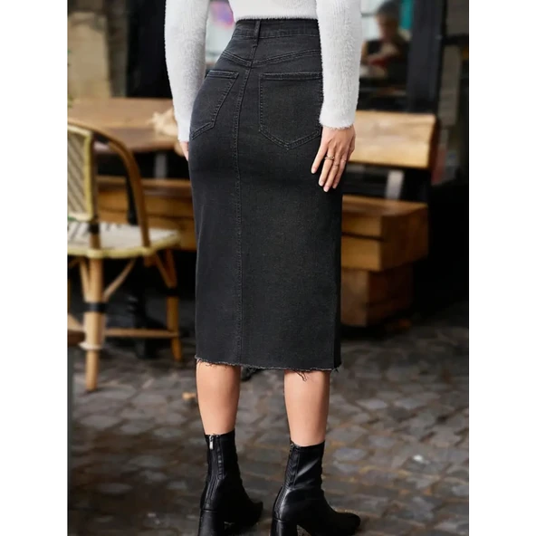 Lucky Life Kadın Yüksek Bel önden Yırtmaçlı Cepli Midi Kot Etek