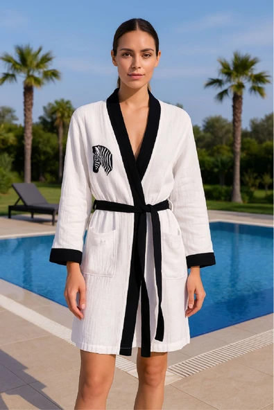 Baskılı Müslin Kimono Bornoz – Unisex | %100 Pamuk Yumuşacık 2 Katlı Doğal Kumaş - ZTMBB10 Lina L/XL - 7