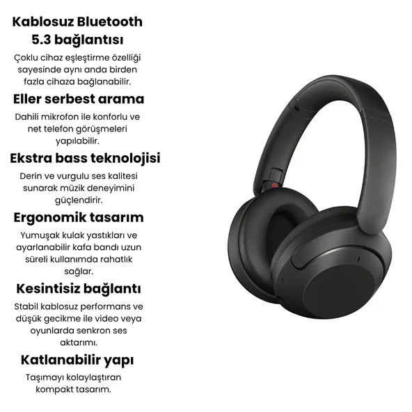 Kablosuz Bluetooth 5.3 Kulak Üstü Kulaklık  Aktif Gürültü Engelleme, Ekstra Bass, 50 Saat Pil Ömrü, Mikrofonlu - 6