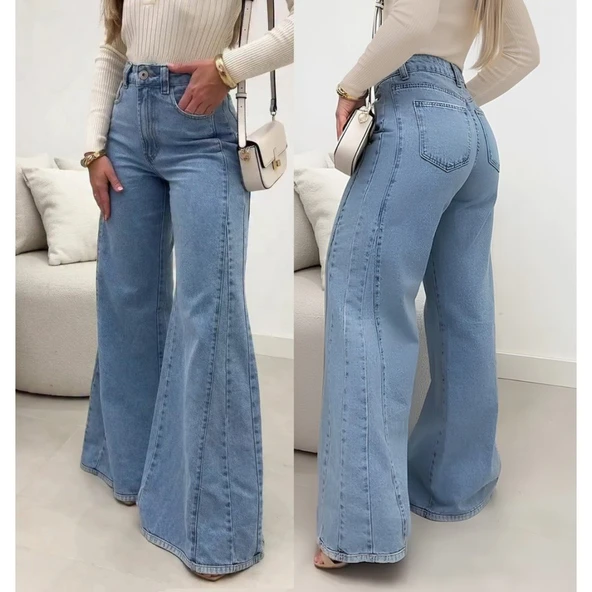 Lucky Life Kadın  Yüksek Bel Paçaya Doğru Geniş Kesimli Kot Pantolon - Resim 2