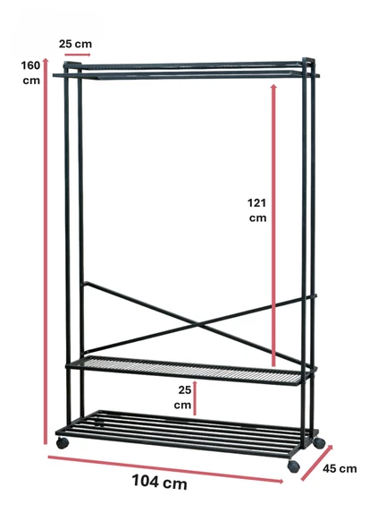SİYAH METAL ELBİSE ASKILIĞI İKİ YÖNLÜ 3 RAFLI TEKERLEKLİ ASKILIK PORTMANTO VE KONFEKSİYON ASKILIĞI - 5