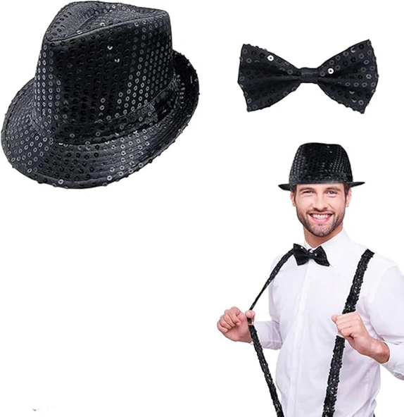 Siyah Payetli Şapka ve Papyon Seti – Parıltılı Yetişkin Kostüm Seti ürün görseli 1