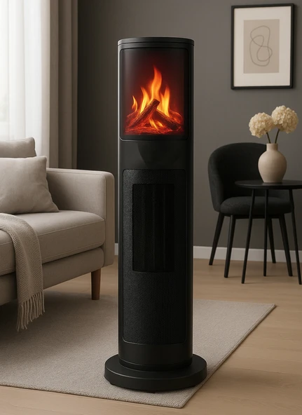 Hoogar German 2075 L Black Oben Seri OLED Şömineli Ekran Dijital Kule Tipi Seramik Fanlı Isıtıcı