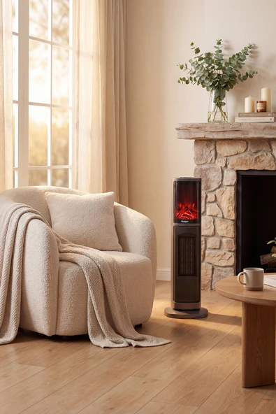 Hoogar German 2075 L Grey Oben Seri OLED Şömineli Ekran Dijital Kule Tipi Seramik Fanlı Isıtıcı - Resim 3